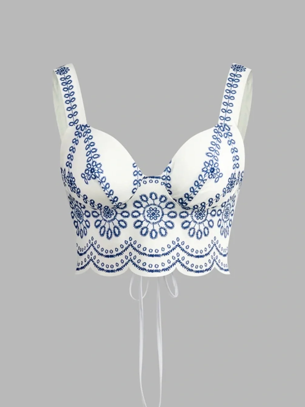 Commense NWT 2 Piece Set Maxi w/lace up top w/padding. White w/Blue floral Small - Picture 2 of 9